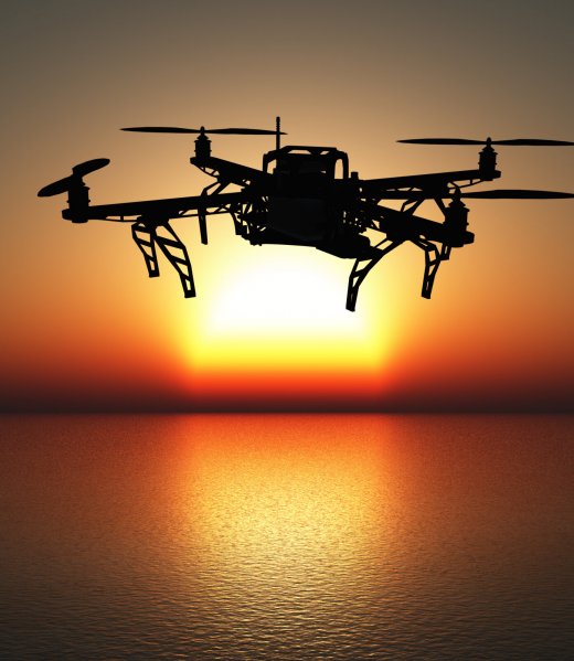 3D drone flying above a sunset sea 3D render of a drone flying above the sea against a sunset sky
